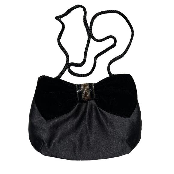 Vintage Avon Evening Bag Velvet and Beaded Bow with Braided Strap Black Formal - Picture 1 of 9